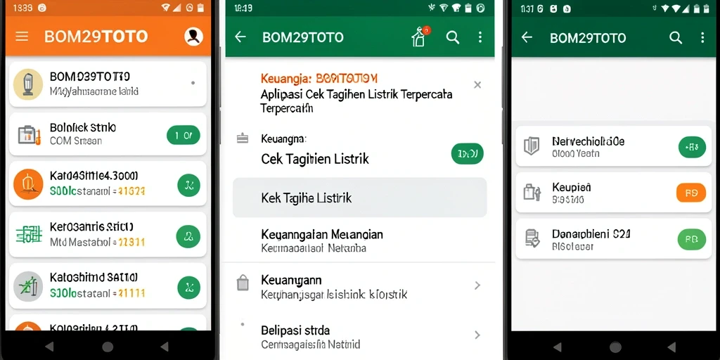 Tampilan antarmuka aplikasi BOM29TOTO untuk Cek Tagihan Listrik.
