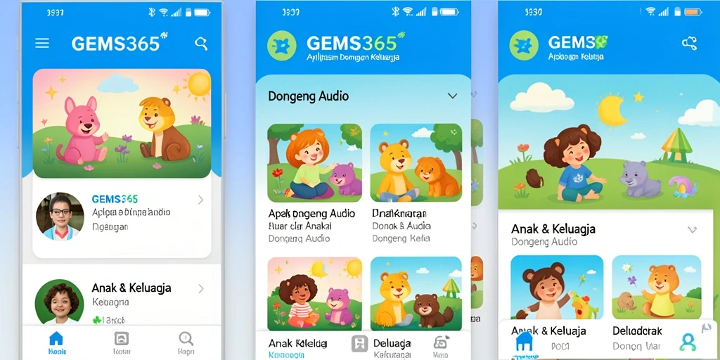 Tampilan antarmuka aplikasi GEMS365 yang colorful dan ramah anak.